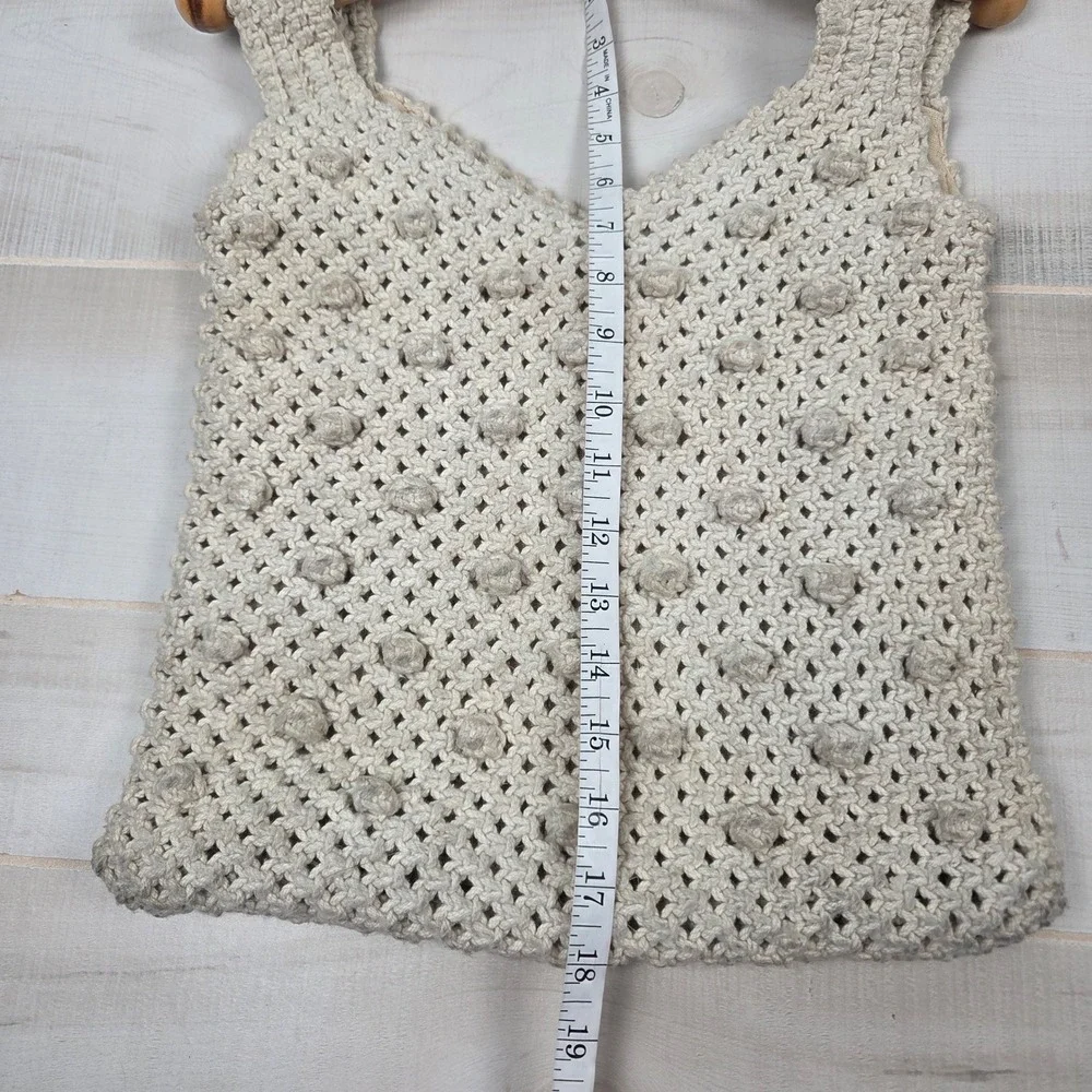 Vtg Mister Ernest Handbag Macrame Crochet Tote Bag Bamboo Wood Handle Cream Boho